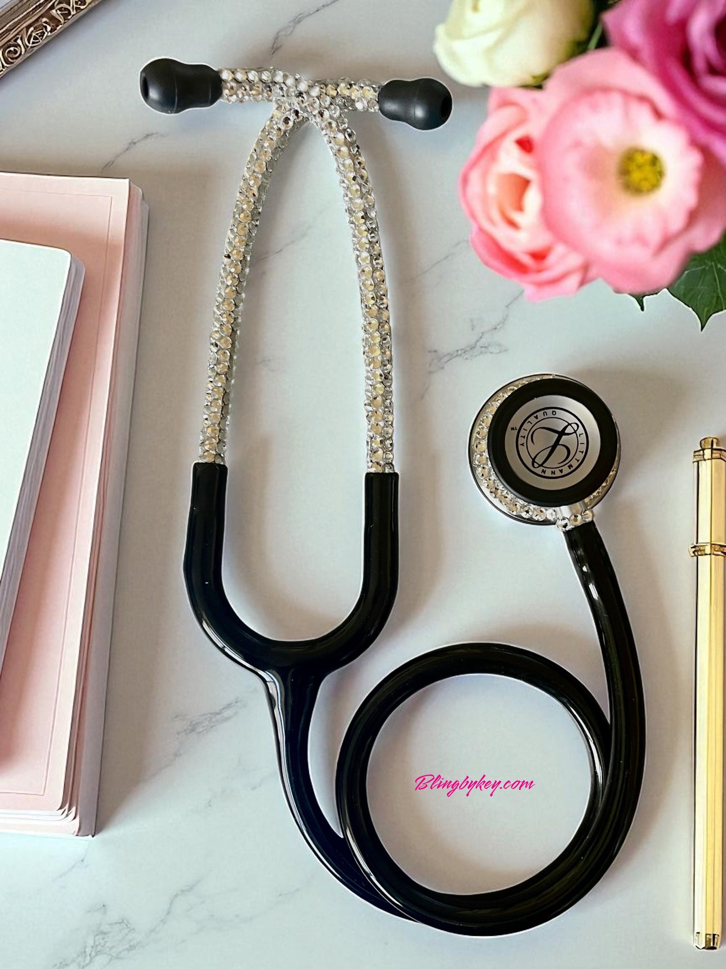 Custom Black Littmann Classic III Stethoscope with handplaced Clear Rhinestones by Blingbykey