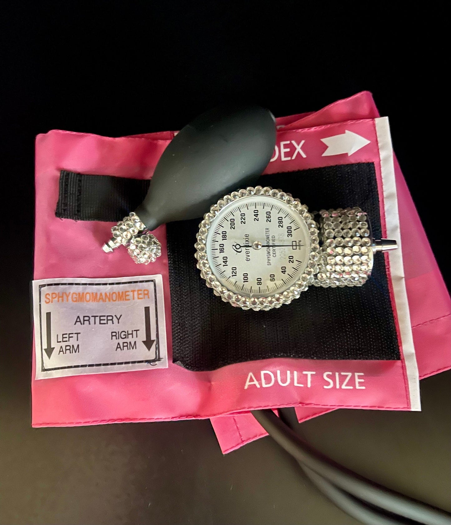 Handcrafted Dixie EMS Deluxe Aneroid Sphygmomanometer Pink with clear Rhinestone