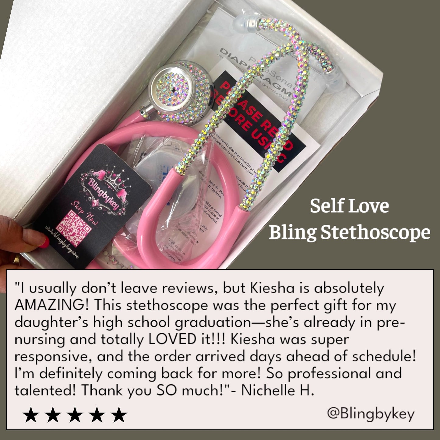Pink stethoscope with bling in a box, labeled 'Self Love Bling Stethoscope', with a customer review below.