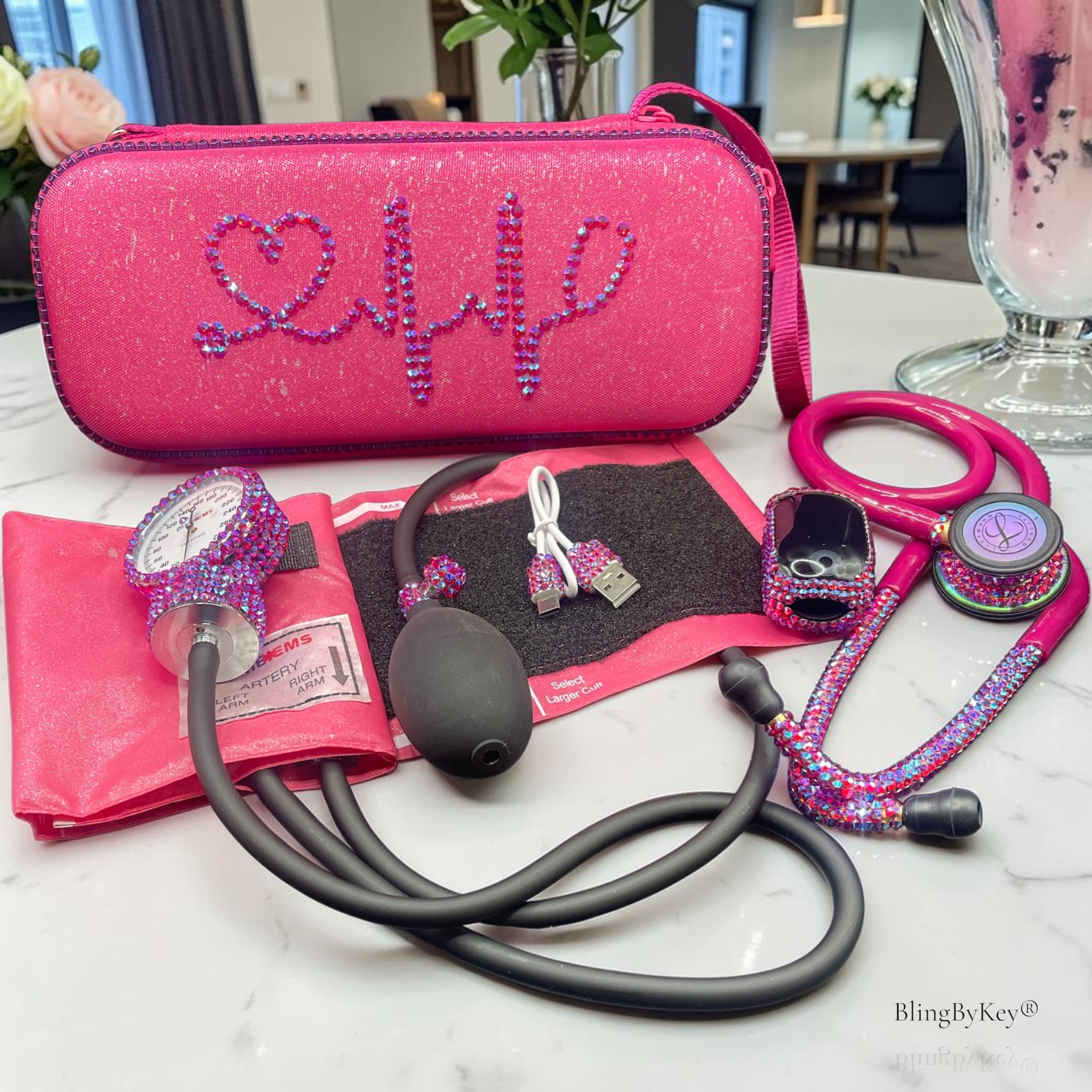 Cotton Candy Collection — 
GRAND LUXE COUTURE EXPERIENCE

✨ Rhinestone stethoscope  
✨ Couture shimmer case (inside + out)  
✨ Rhinestone trim detailing  
✨ Elevated boutique detailing
✨Interior affirmation message  

💖 Matching Blood Pressure Cuff  
💖 Bling Pulse Oximeter  
💖 Coordinated luxury set  

Complimentary personalization included