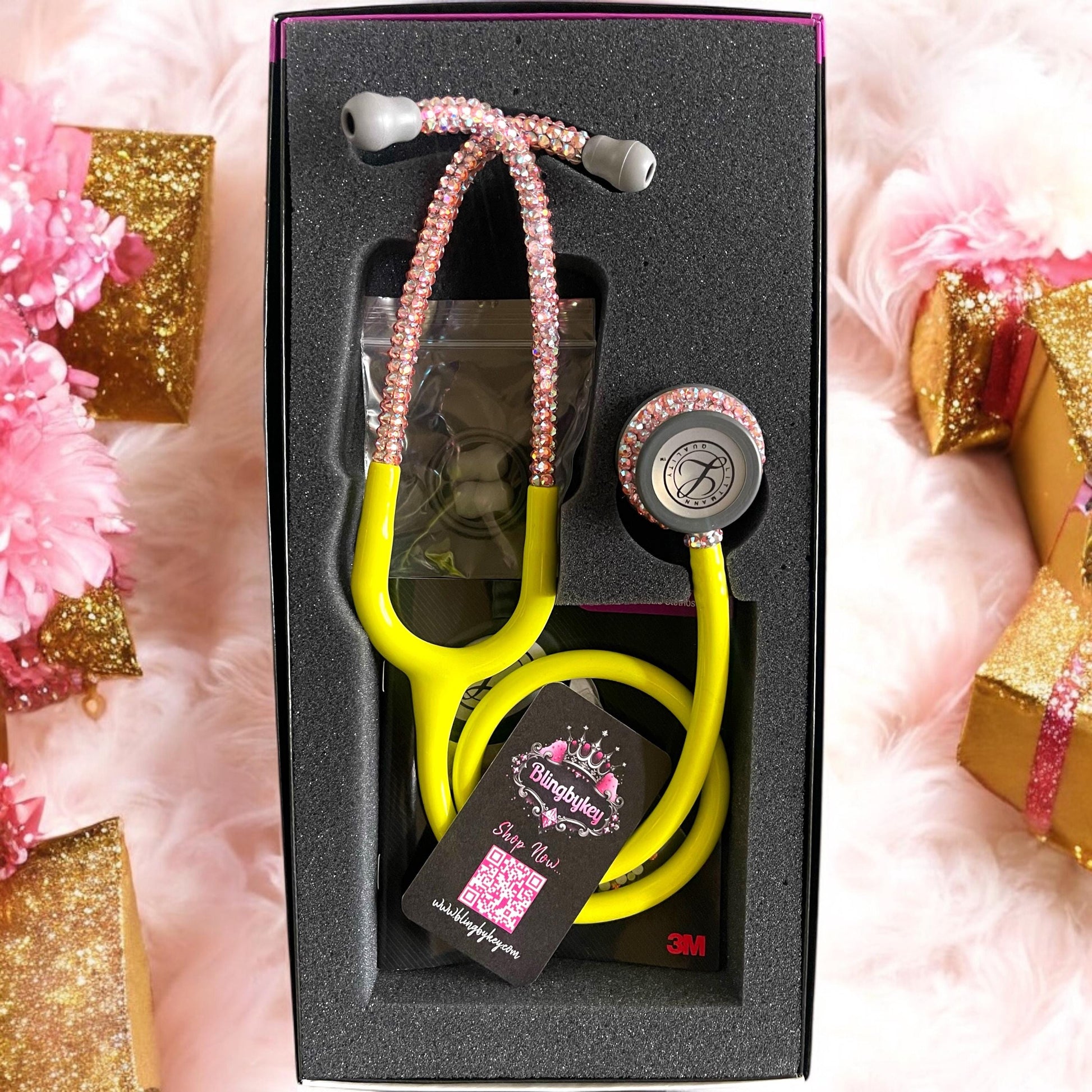 5839 3M Littmann Classic III Stethoscope Lemon Lime with handplaced Pink Rose Iridescent Crystals