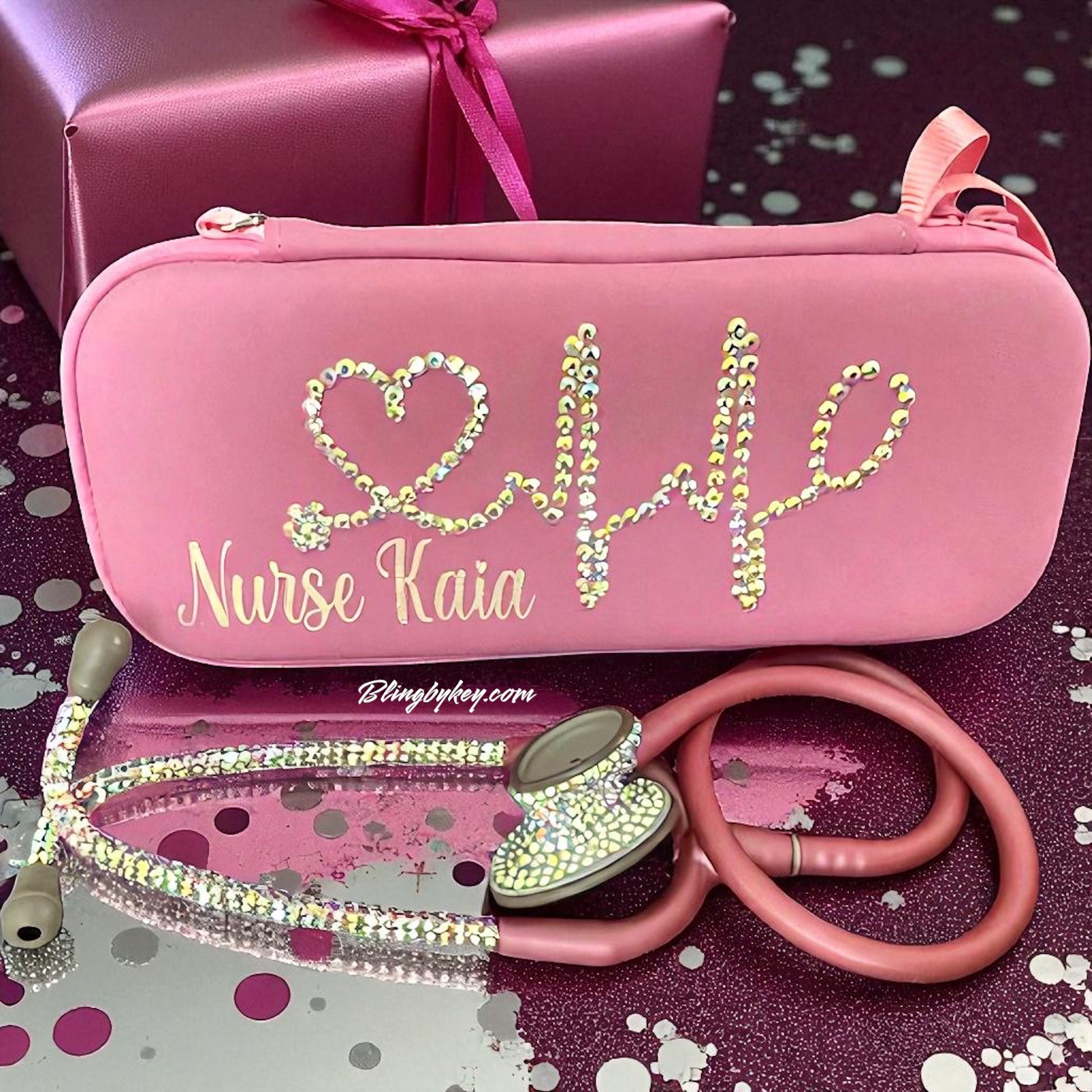  I AM… Self Love Bling Stethoscope Gift Set, Littmann Lightweight II SE, Pearl Pink- Customised by BlingbyKey