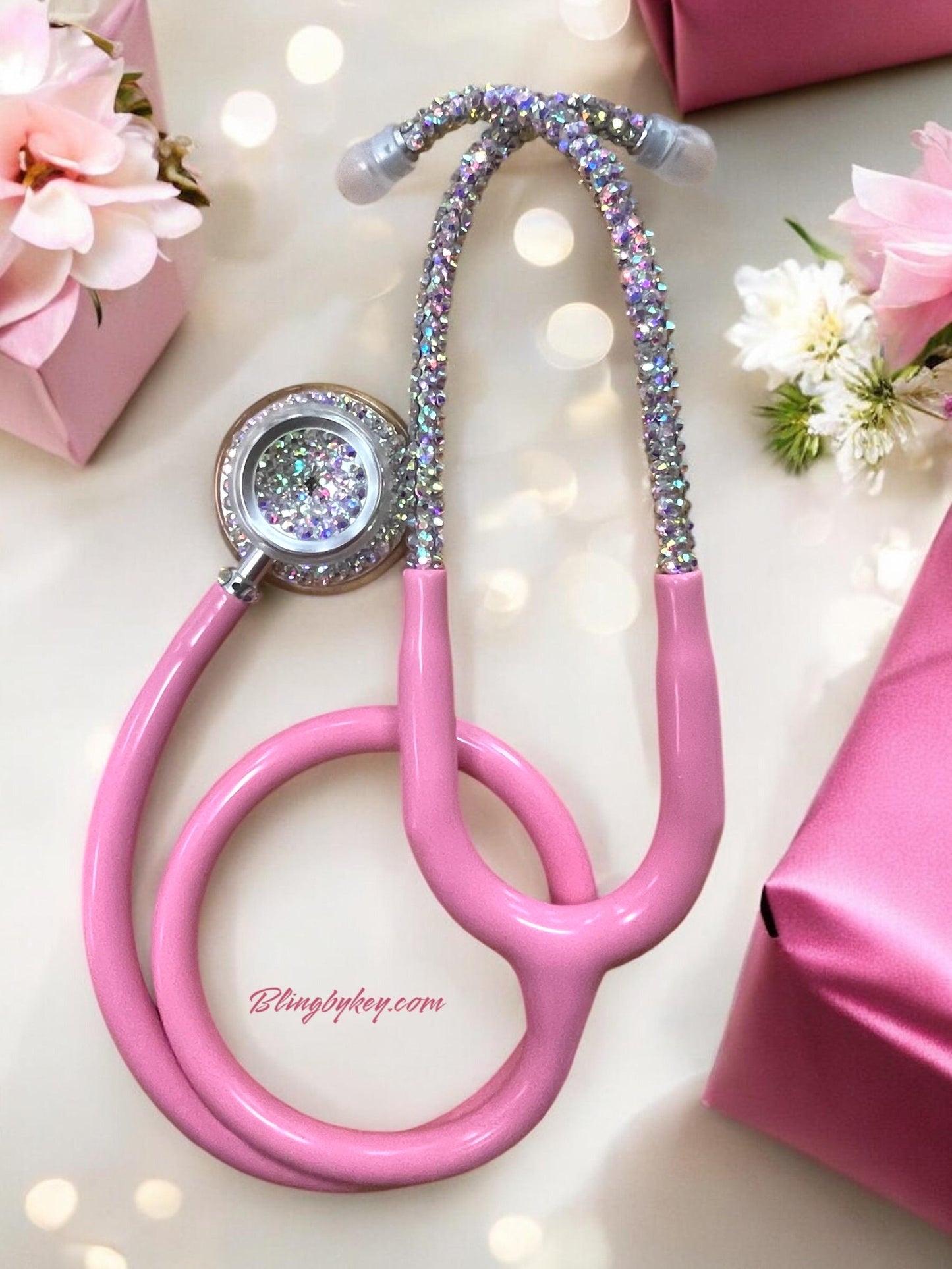 I AM Self Love Bling Stethoscope, MDF Acoustica, Pastel Pink with handplaced golden iridescent rhinestones