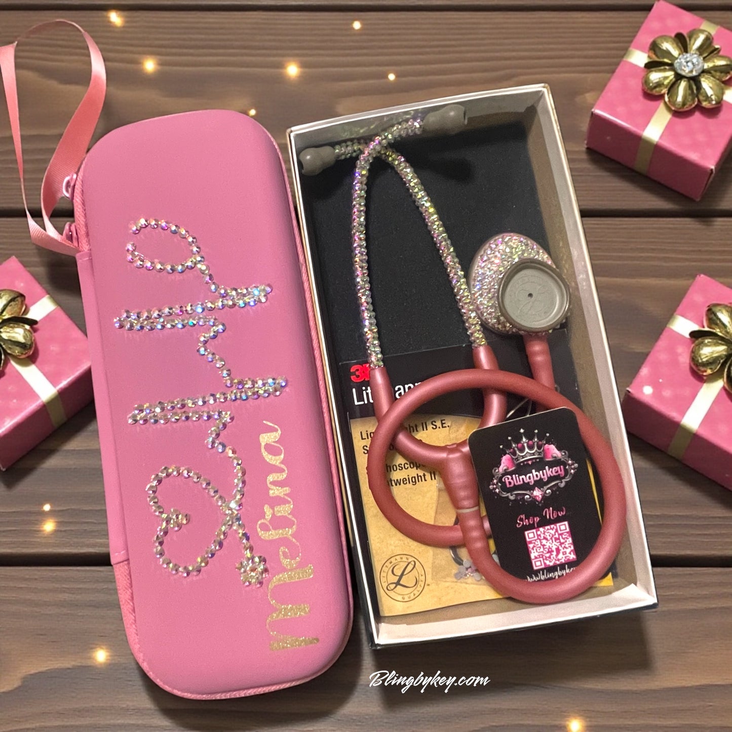 Blingbykey Gift Set- I AM Self Love; 2456 3M Littmann Lightweight II S.E. Stethoscope Pearl Pink with matching  decorative custom rhinestone case with name on a wooden matching surface