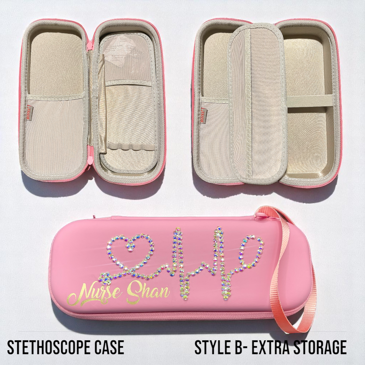 I AM Self Love bling stethoscope case with golden iridescent rhinestones.
BLINGED STETHOSCOPE CASE
 (STYLE A- EXTRA STORAGE SPACE)
-Guaranteed to prevent any damage to your Stethoscope!  
-External dimension: 11.2 x 4.56 x 2.64 inch, Internal dimension: 10.55 x 3.94 x 1.97 inch
-Built-in three mesh pockets, for some care accessories