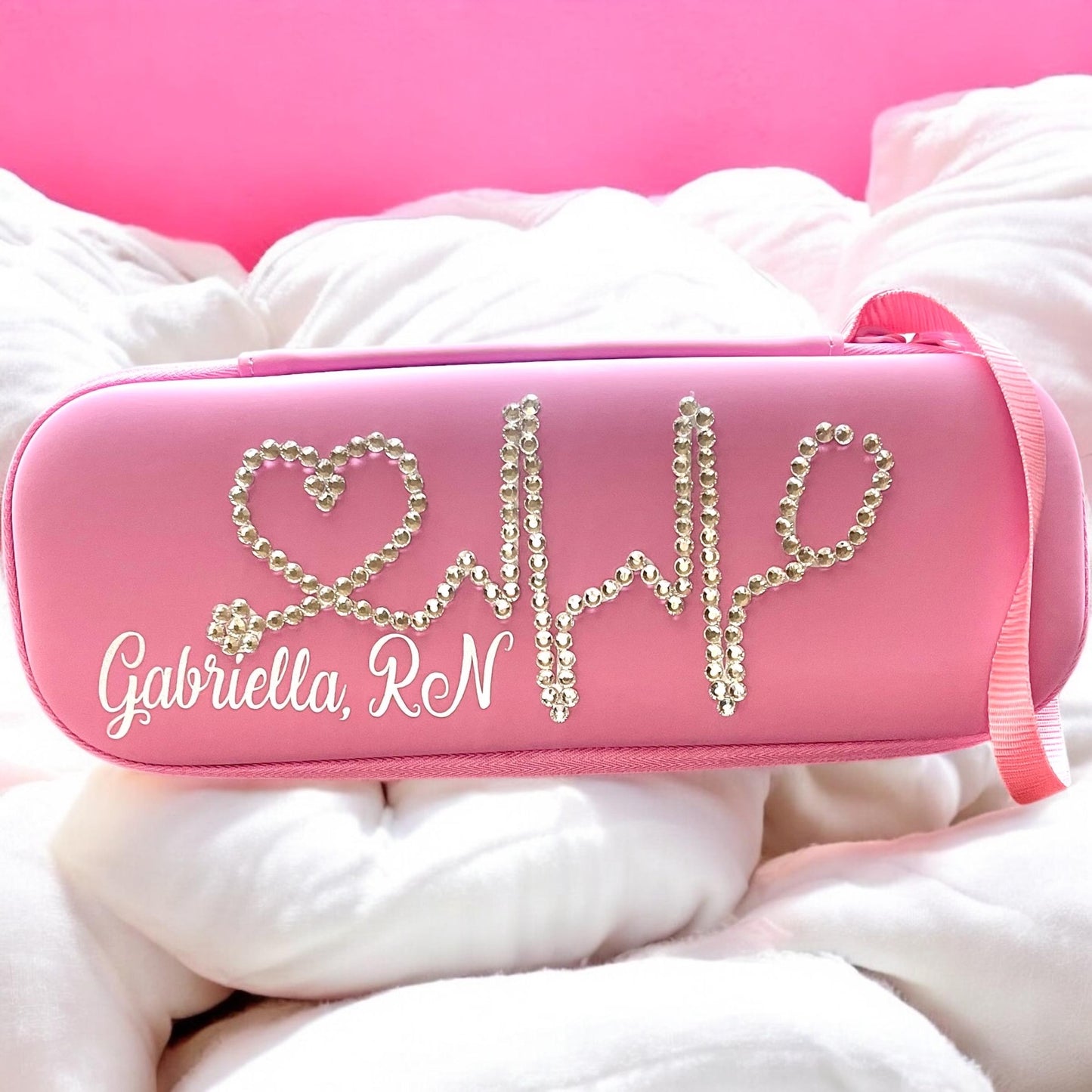 Pearl Pink Bling Stethoscope Case – with handcrafted clear rhinestone and personalized name and title request by Blingbykey
