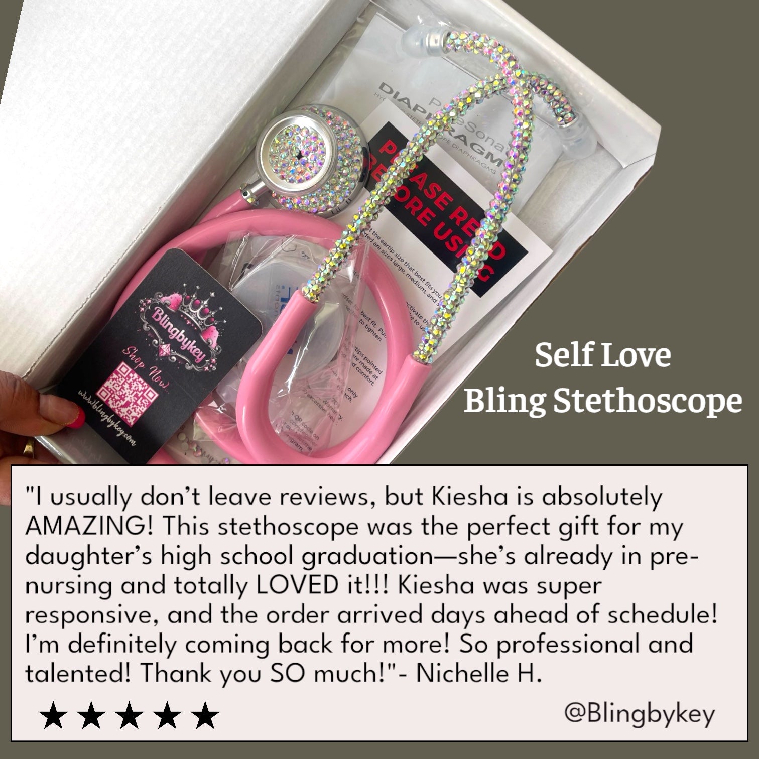 Pink stethoscope with bling in a box, labeled 'Self Love Bling Stethoscope', with a customer review below.