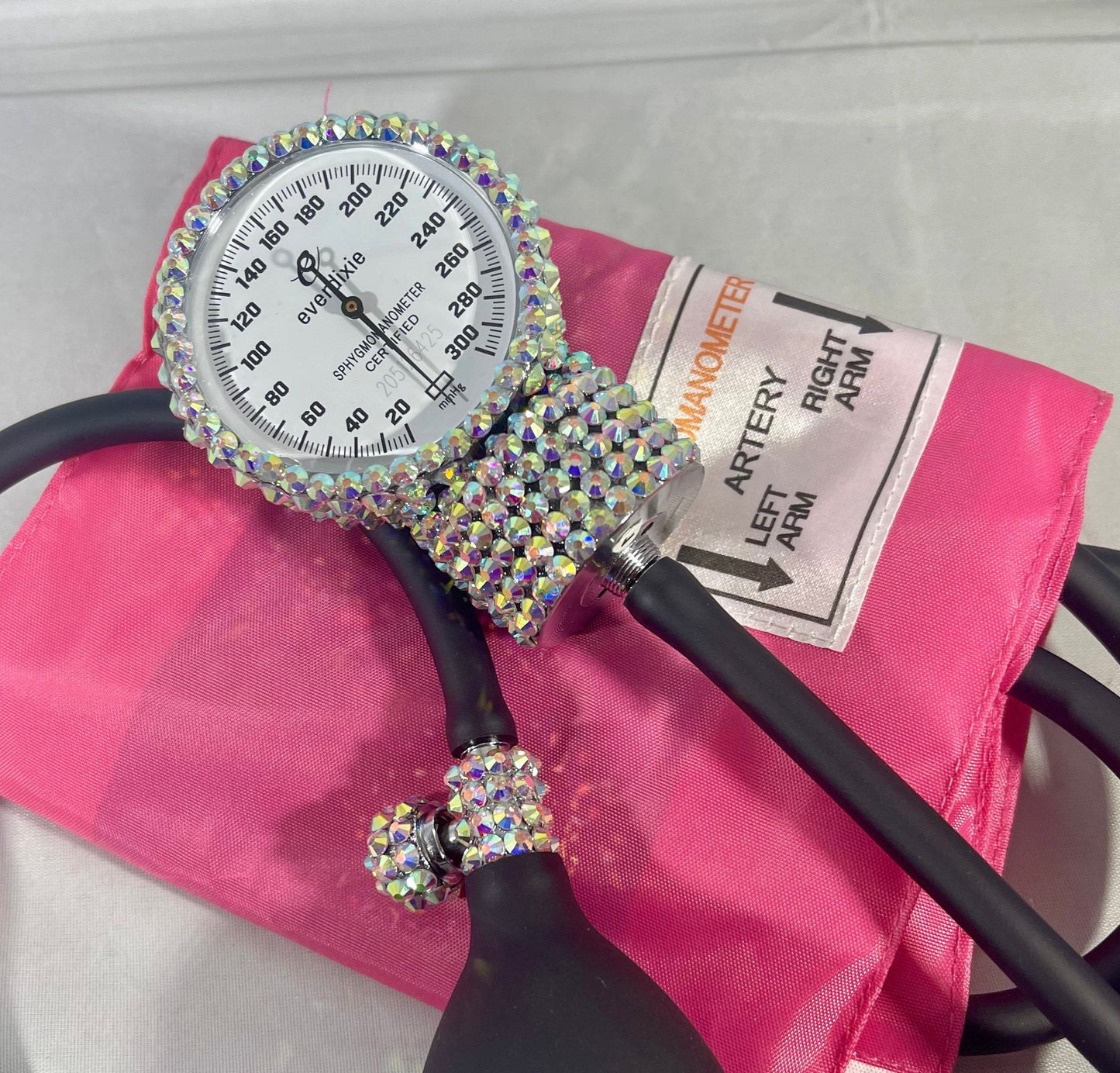 Handcrafted Iridescent Rhinestone Dixie EMS  Deluxe Aneroid Sphygmomanometer Blood Pressure Set W/Adult Cuff, Carrying Case and Calibration Tool!