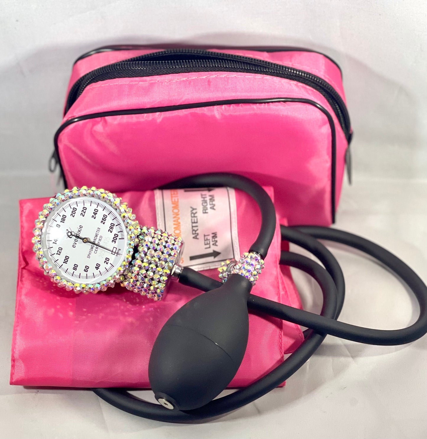 Handcrafted Iridescent Rhinestone Dixie EMS  Deluxe Aneroid Sphygmomanometer Blood Pressure Set W/Adult Cuff, Carrying Case and Calibration Tool!