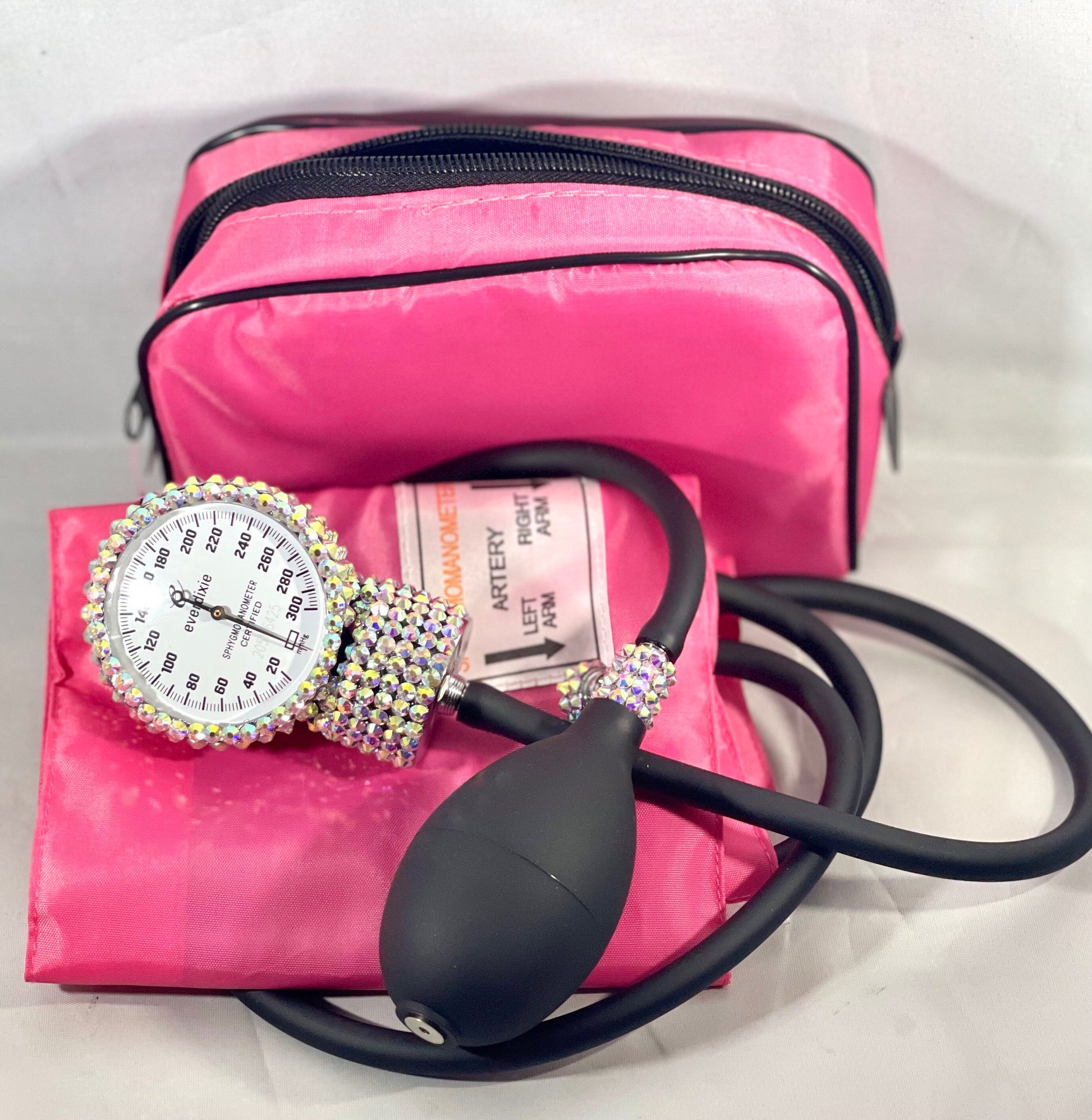 Handcrafted Iridescent Rhinestone Dixie EMS  Deluxe Aneroid Sphygmomanometer Blood Pressure Set W/Adult Cuff, Carrying Case and Calibration Tool!