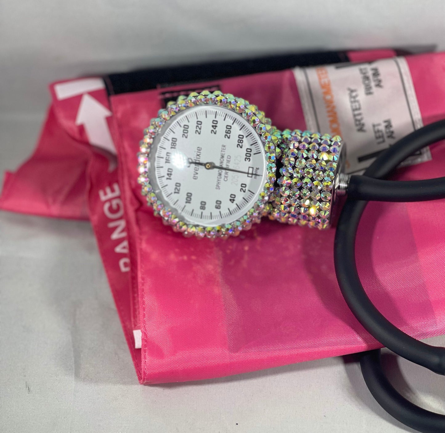 Handcrafted Iridescent Rhinestone Dixie EMS  Deluxe Aneroid Sphygmomanometer up close photo