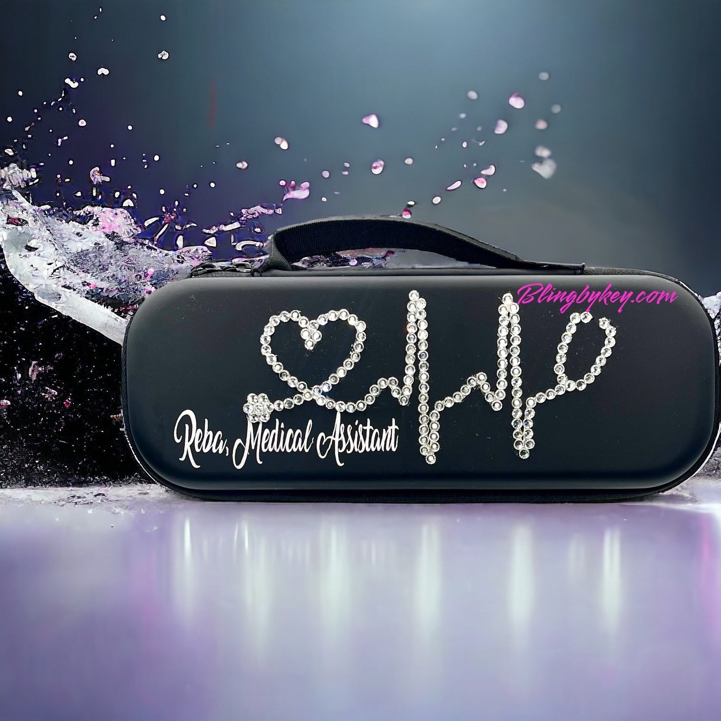Be Fierce Stethoscope Case, meticulously crafted by Blingbykey, featuring radiant crystal clear rhinestones against the blackl hard case. Personalization is elegantly incorporated in a shimmering silver font.