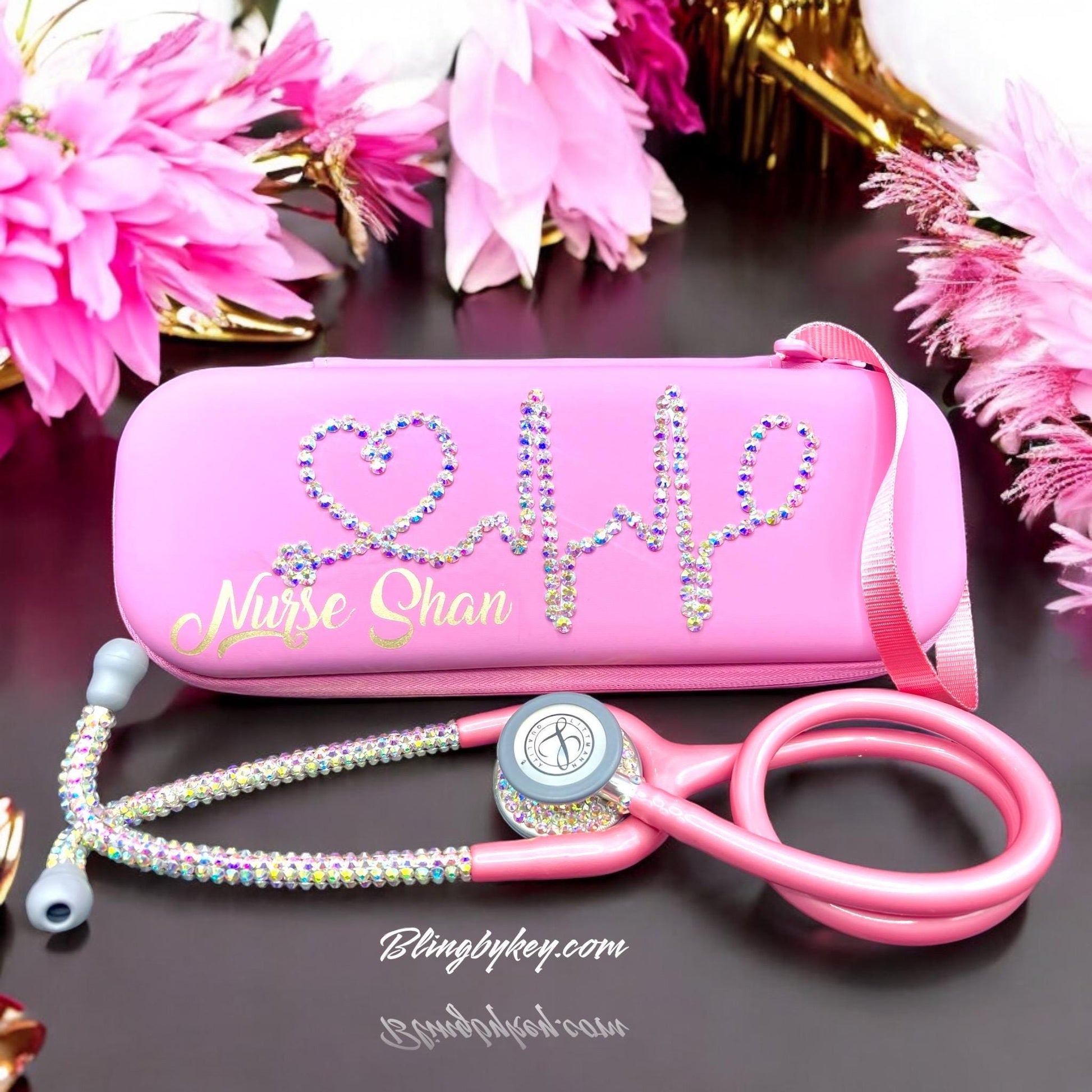 Blinged Out Health Hero Bundle:  I AM Self Love handmade with Iridescent Rhinestones hand placed on a Pearl Pink Littmann Classic III Stethoscope and custom Stethoscope Case in Pearl Pink personalized with requested name in gold shimmer font