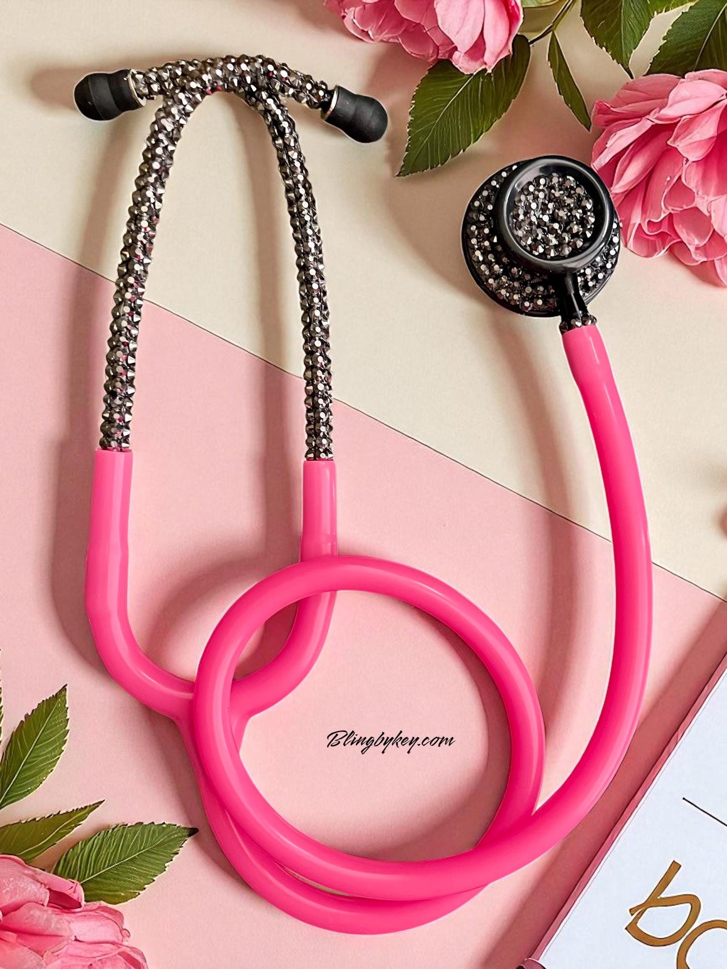 Prestige Medical Hot Pink Stethoscope with Custom Black Iridescent Rhinestones | BlingByKey®