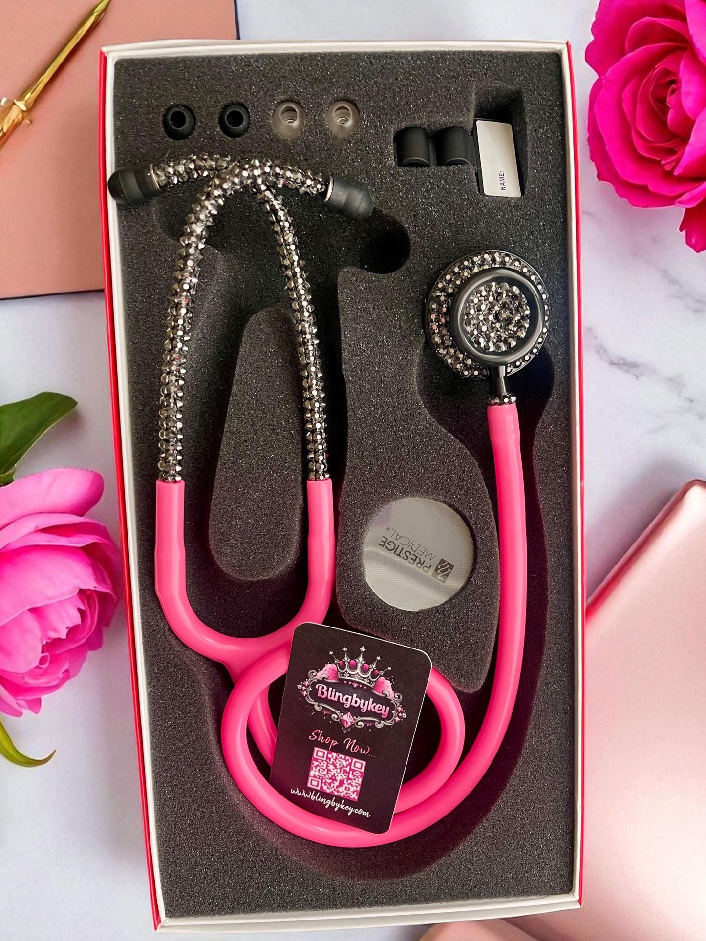 Prestige Medical Hot Pink Stethoscope with Custom Black Iridescent Rhinestones | BlingByKey®