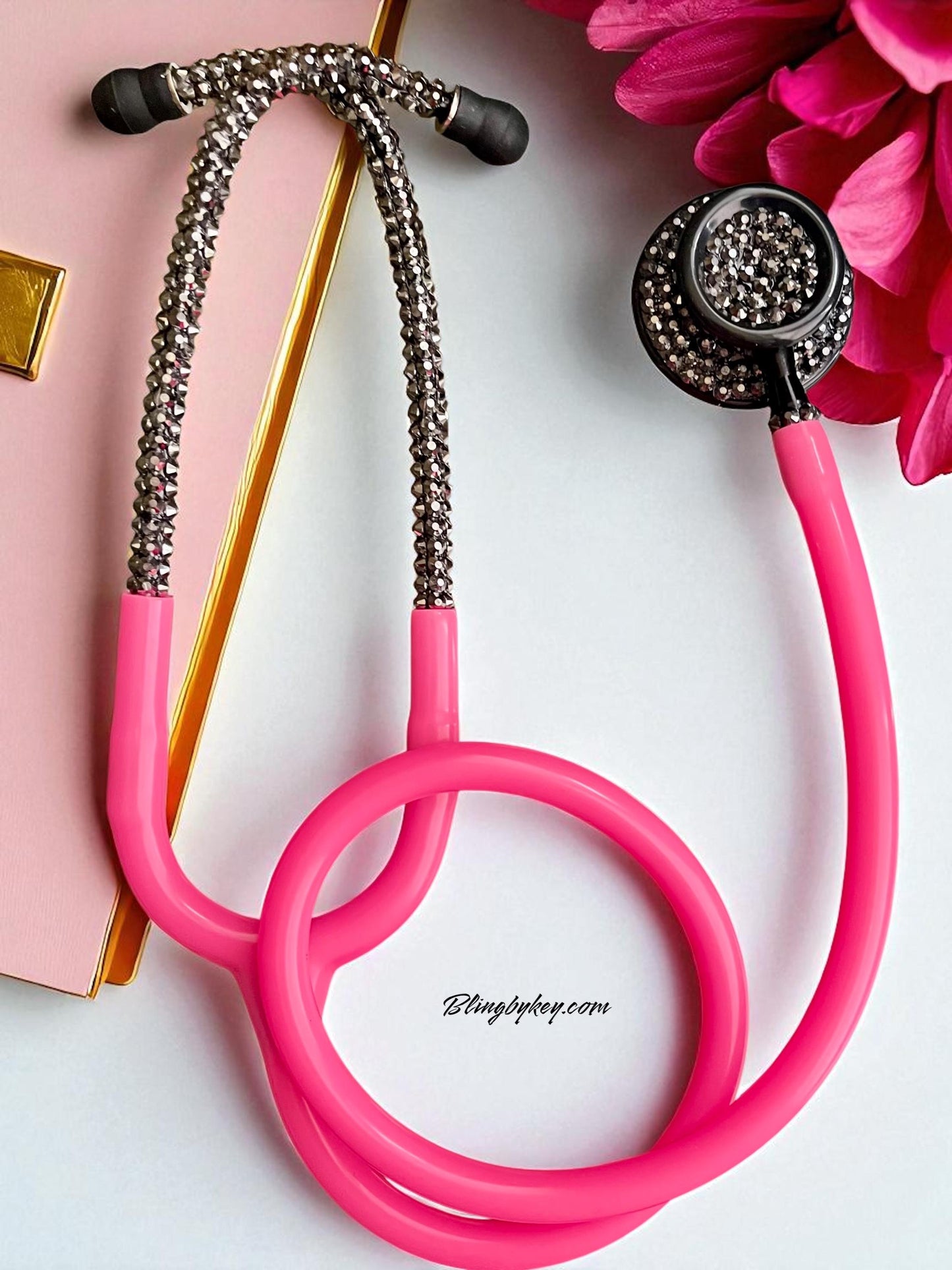 Prestige Medical Hot Pink Stethoscope with Custom Black Iridescent Rhinestones | BlingByKey®