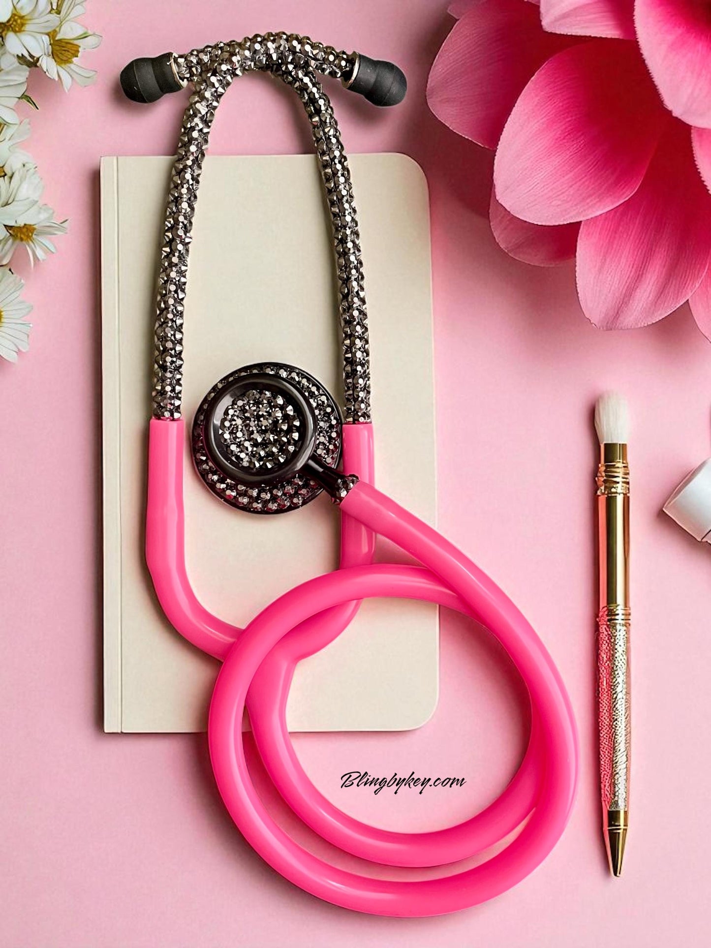 Prestige Medical Hot Pink Stethoscope with Custom Black Iridescent Rhinestones | BlingByKey®
