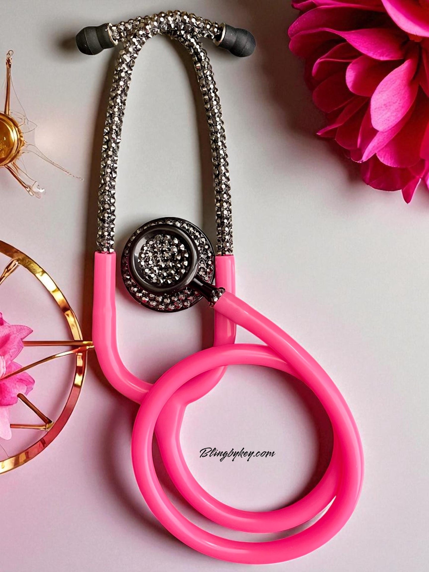 Prestige Medical Hot Pink Stethoscope with Custom Black Iridescent Rhinestones | BlingByKey®