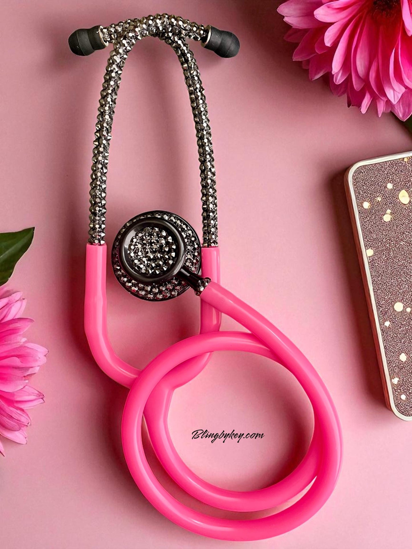 Prestige Medical Hot Pink Stethoscope with Custom Black Iridescent Rhinestones | BlingByKey®