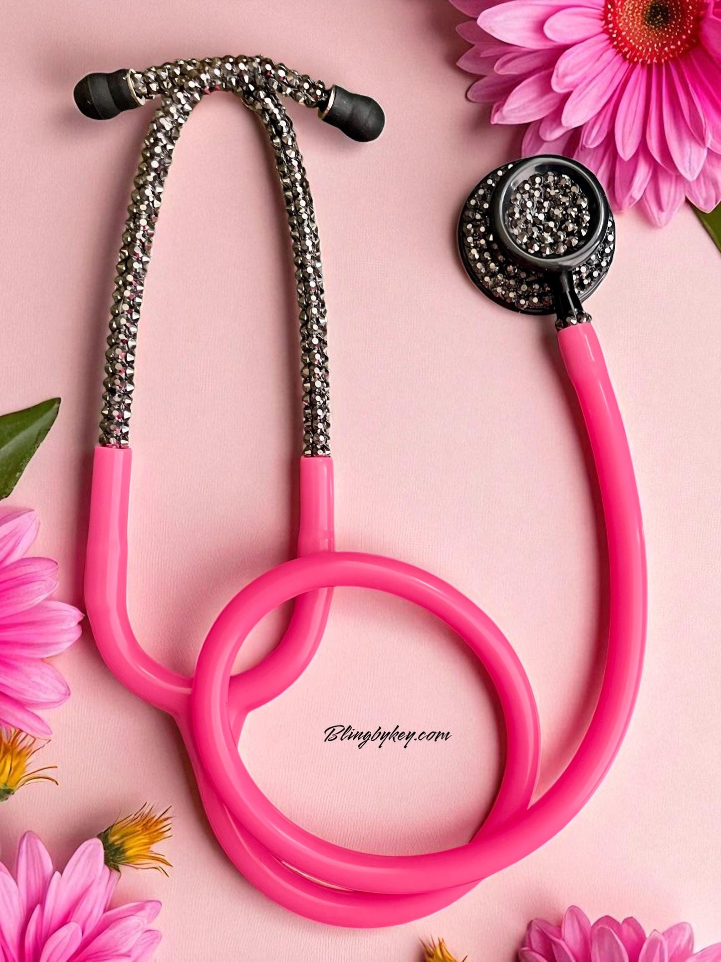 Prestige Medical Hot Pink Stethoscope with Custom Black Iridescent Rhinestones | BlingByKey®