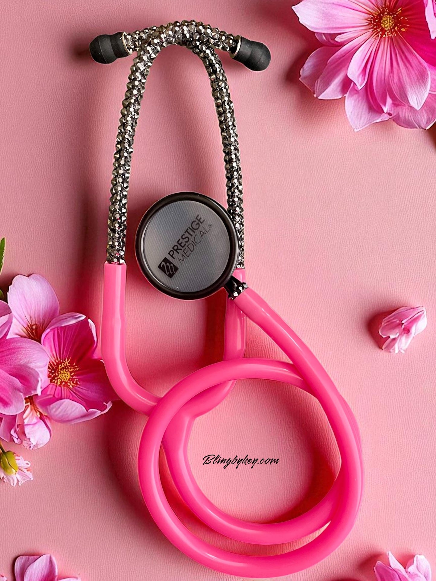 Prestige Medical Hot Pink Stethoscope with Custom Black Iridescent Rhinestones | BlingByKey®
