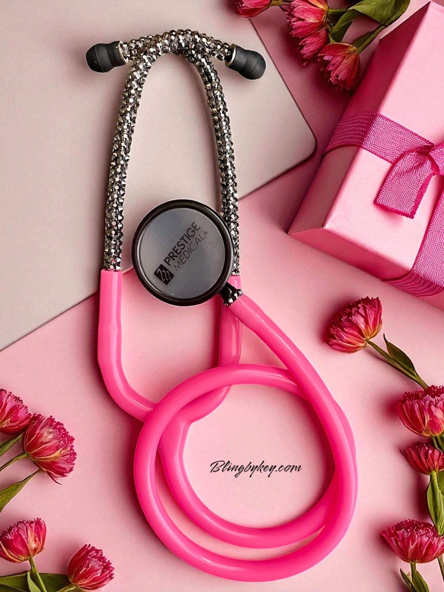 Prestige Medical Hot Pink Stethoscope with Custom Black Iridescent Rhinestones | BlingByKey®