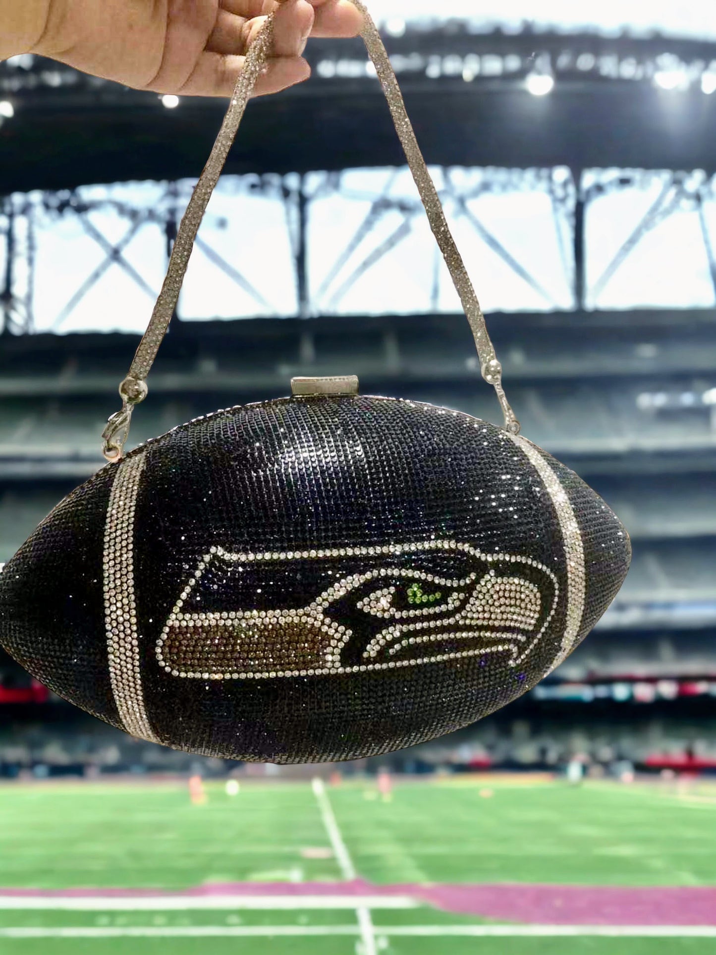 Custom inspired Seahawks Football Purse - Rhinestone, Stadium Compliant Game day Bag, Custom Accessory, 12th Man Fan Gift